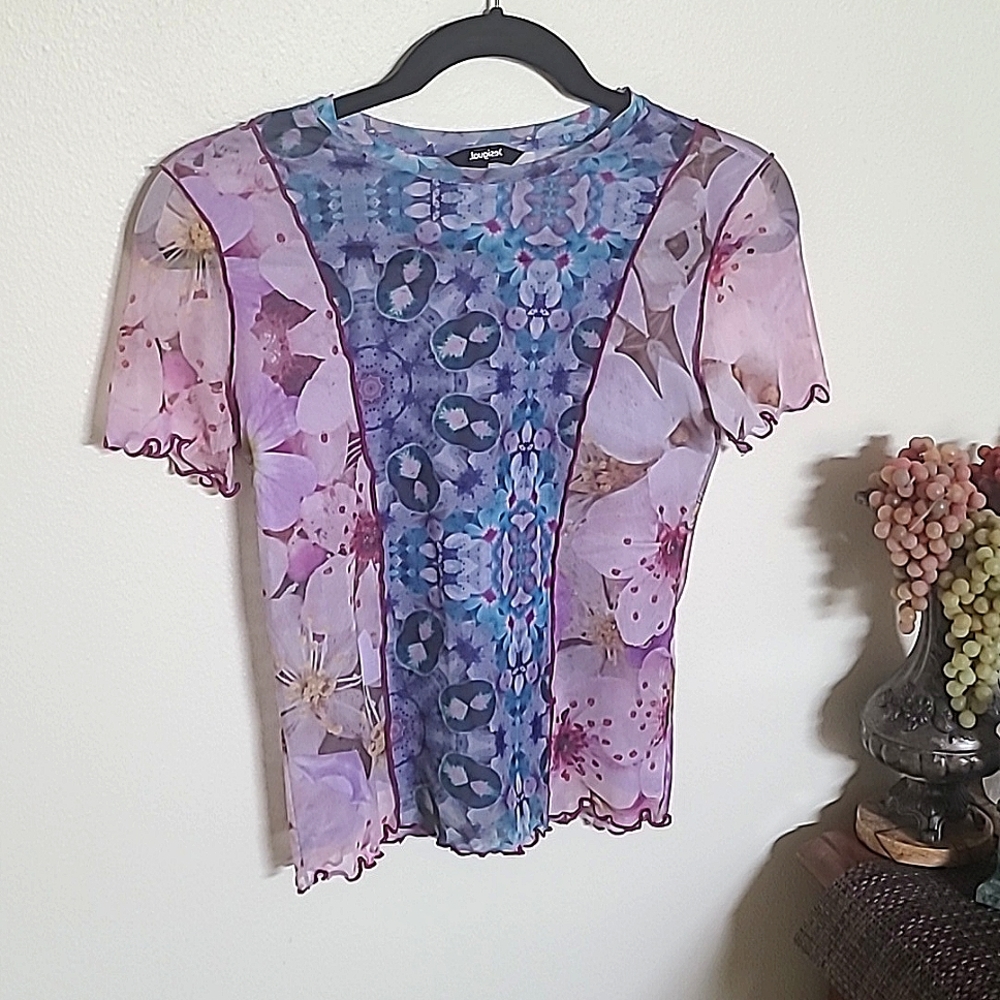Desigual 2022 mesh tshirt vibrant floral pink and blue size xs